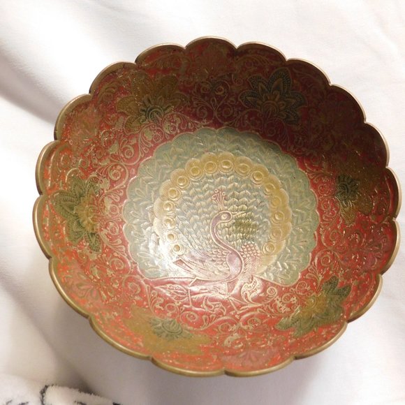 Vintage Peacock Floral Brass Enameled Bowl - Picture 1 of 7